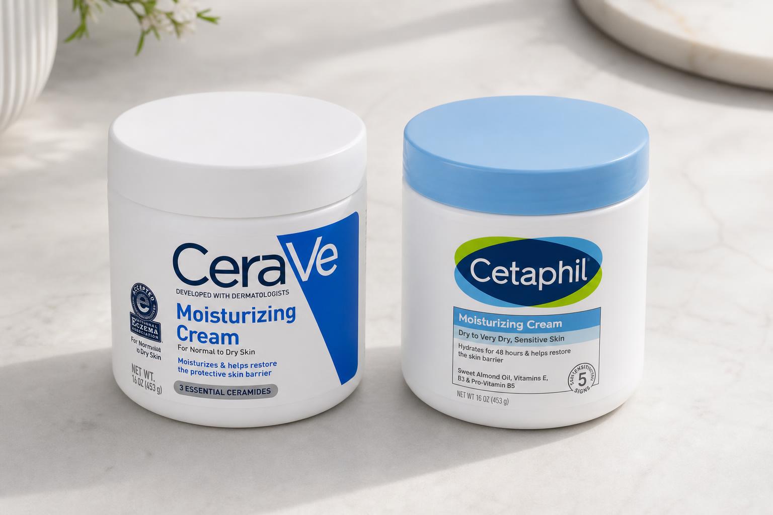 Skincare moisturizer products arranged in a clean flat lay